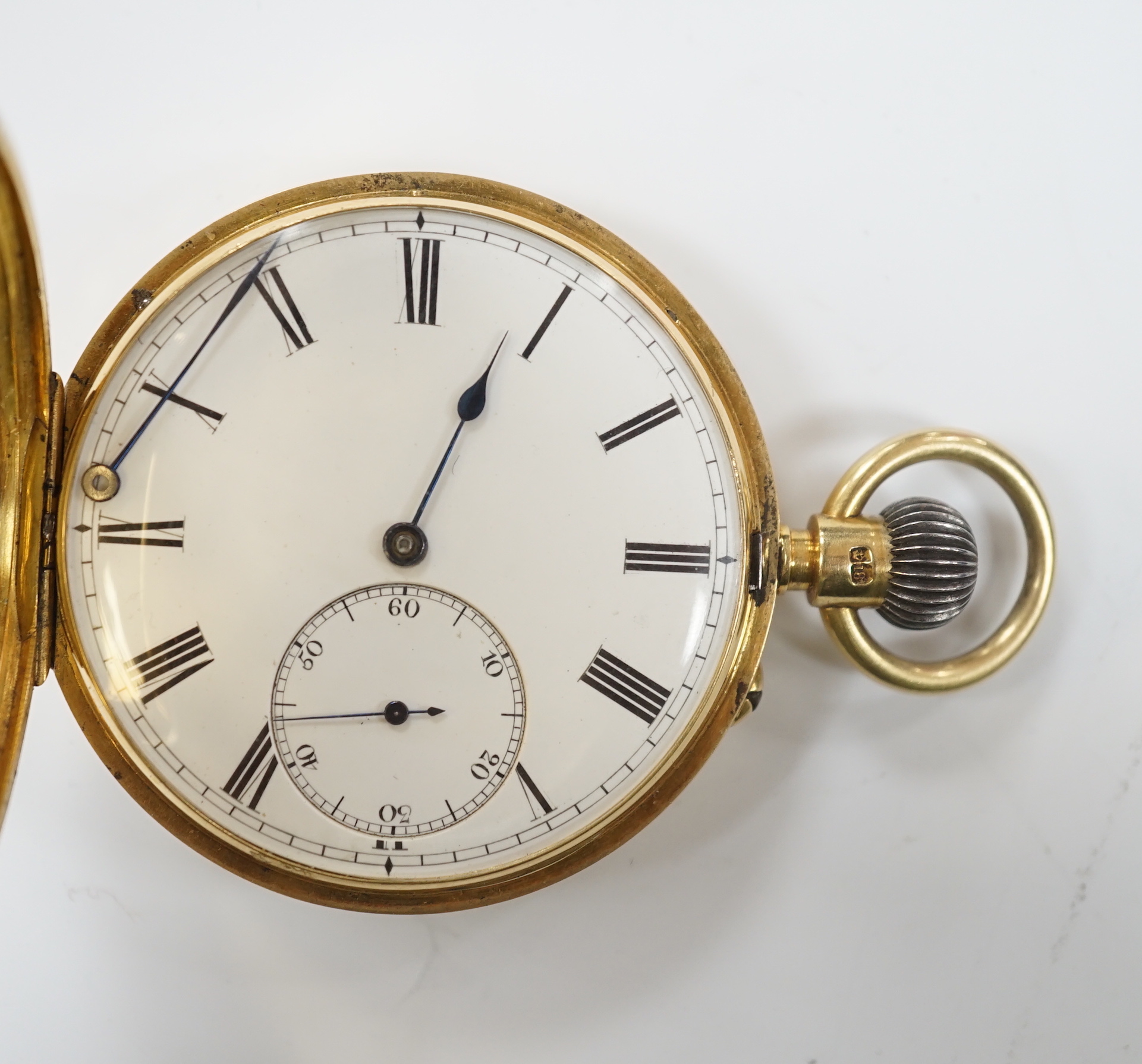 An 18ct gold keyless hunter pocket watch, with Roman dial and subsidiary seconds, the case with engraved monogram, case diameter 48mm